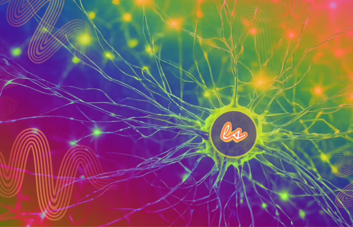 Abstract image of neuron with vibrant colors representing neural network and data flow.