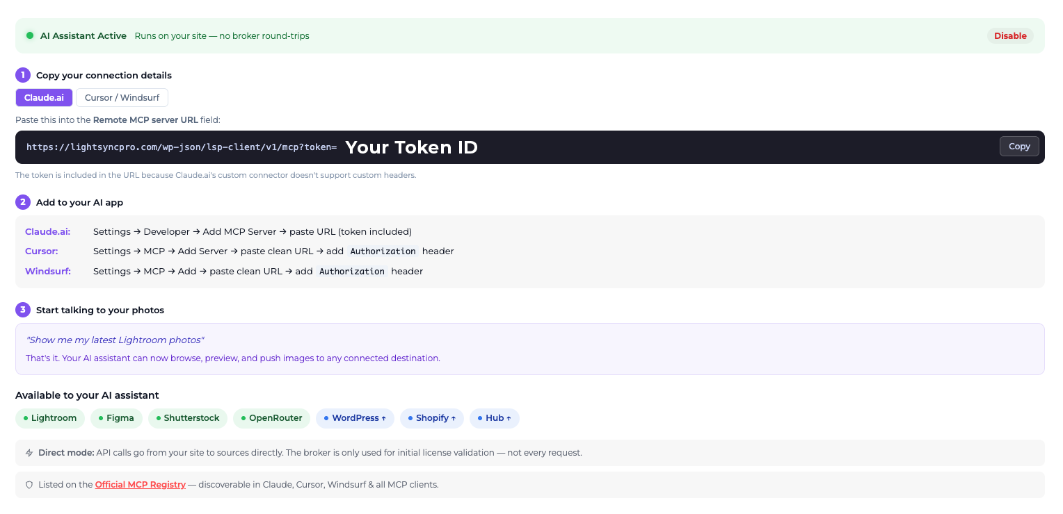 Claude AI chat interface connected to a WordPress media library &mdash; syncing Lightroom photos automatically via MCP
